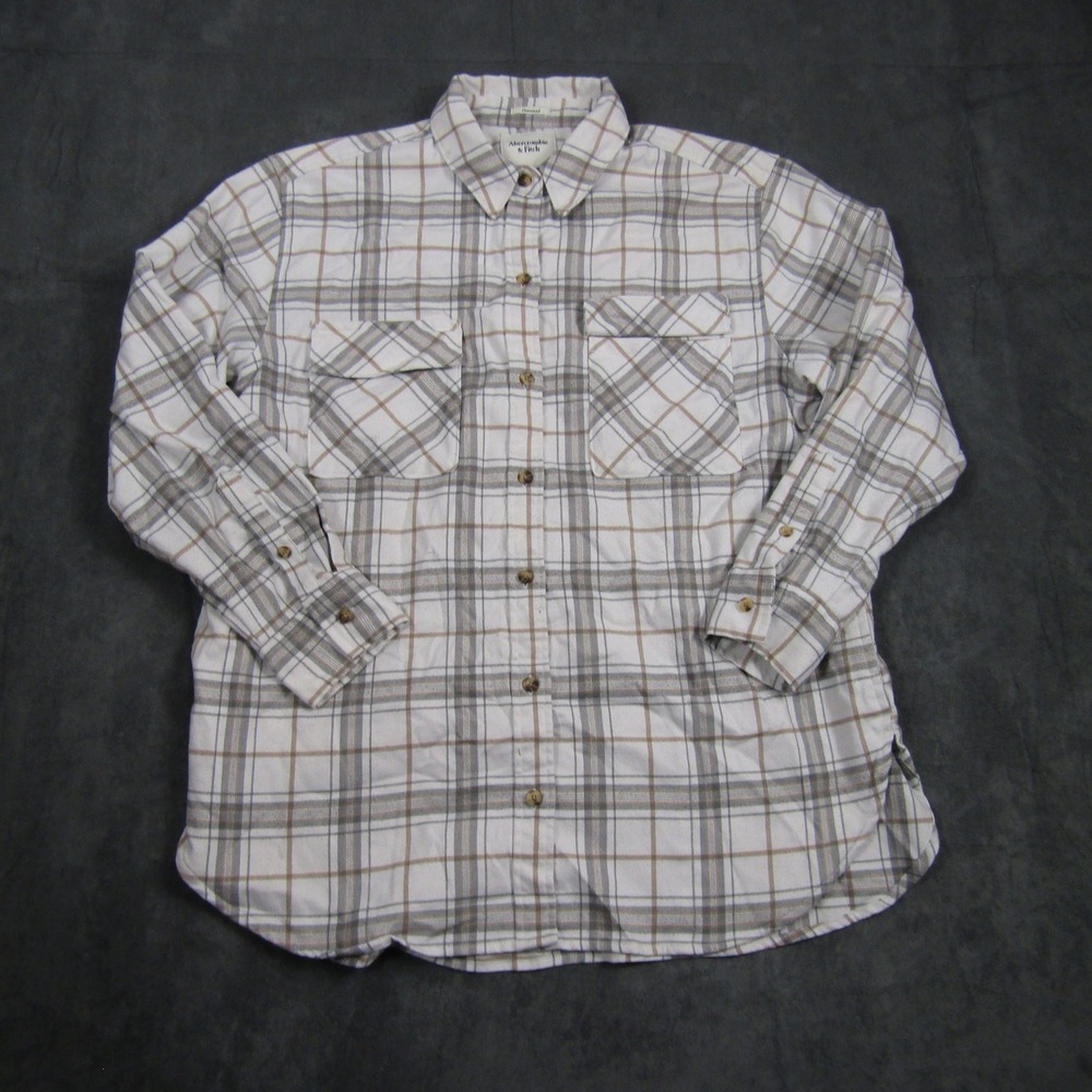 Abercrombie & Fitch Button Down Mens M White Plaid Oversized Flannel Shirt